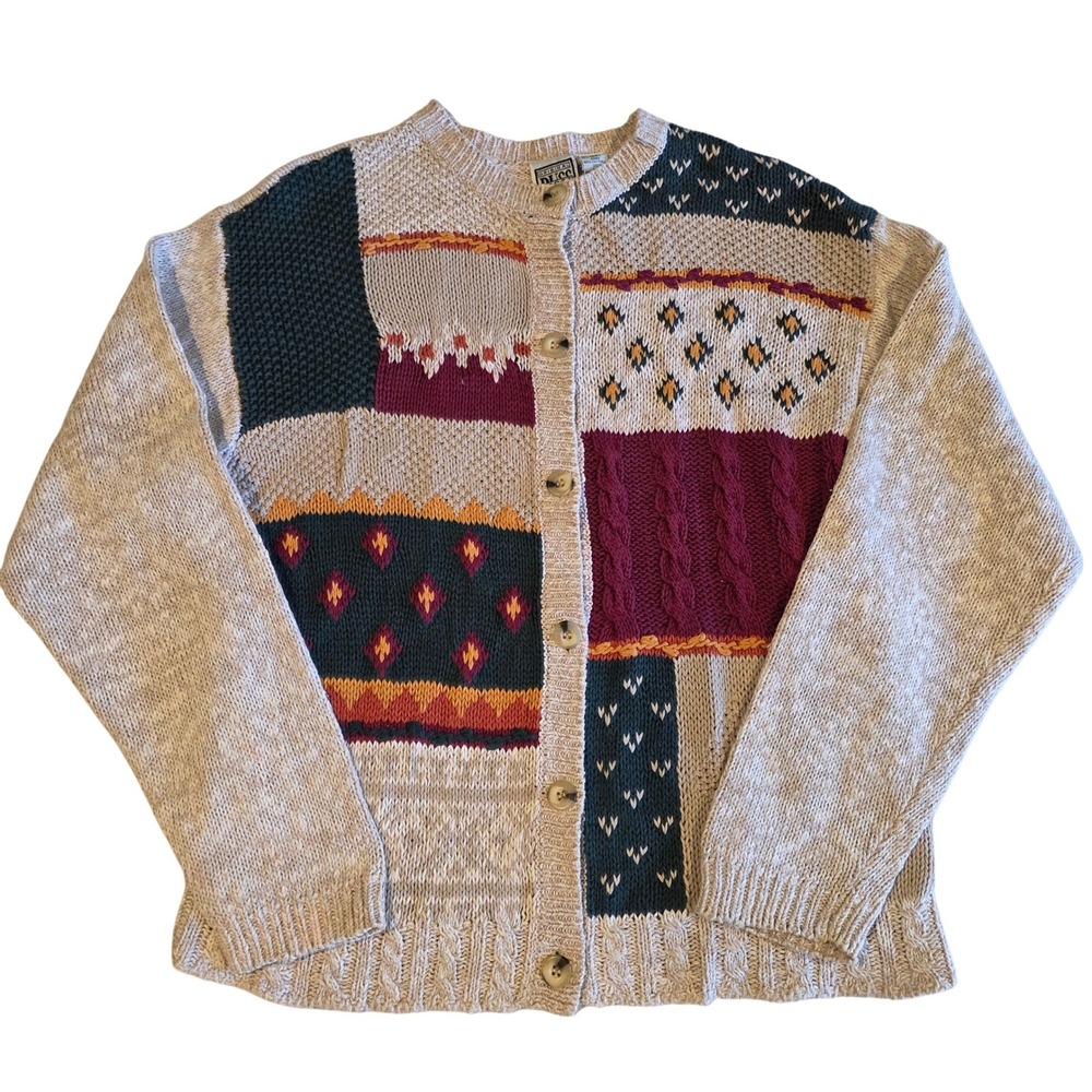 90s Russ Sport Vintage Patchwork Cardigan Sweater Women Medium Ramie Cotton Knit